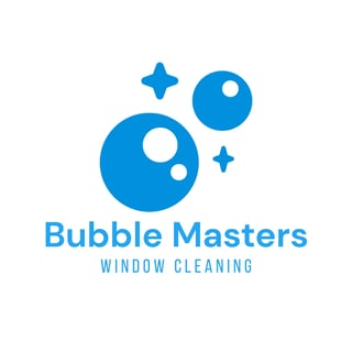 Bubble Masters Window Cleaning logo featuring blue bubbles and sparkles with text